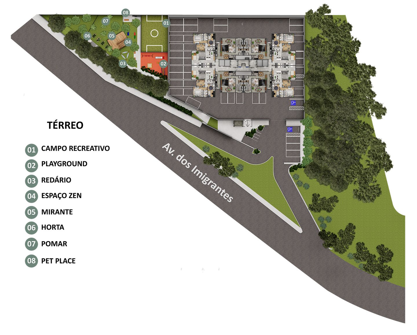 Vista aérea de um complexo residencial com diversas comodidades: parque infantil, jardim zen e espaço para animais de estimação, ao lado de uma estrada e áreas verdes.