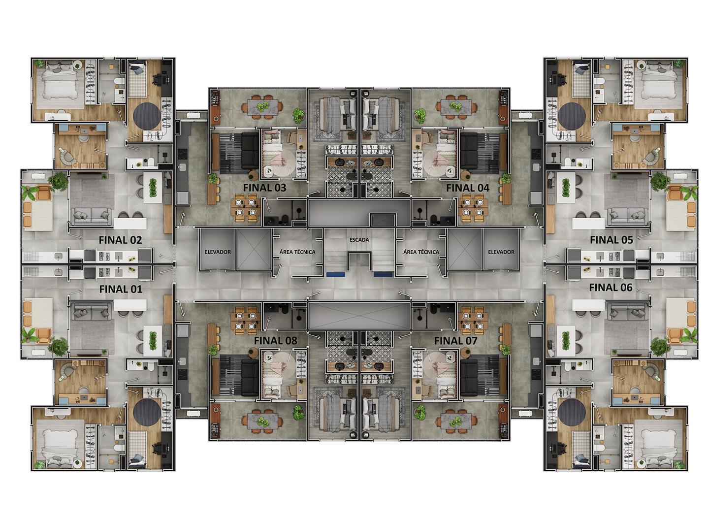 Planta baixa de um edifício residencial com várias unidades; cada unidade possui sala de estar, quartos e banheiros.