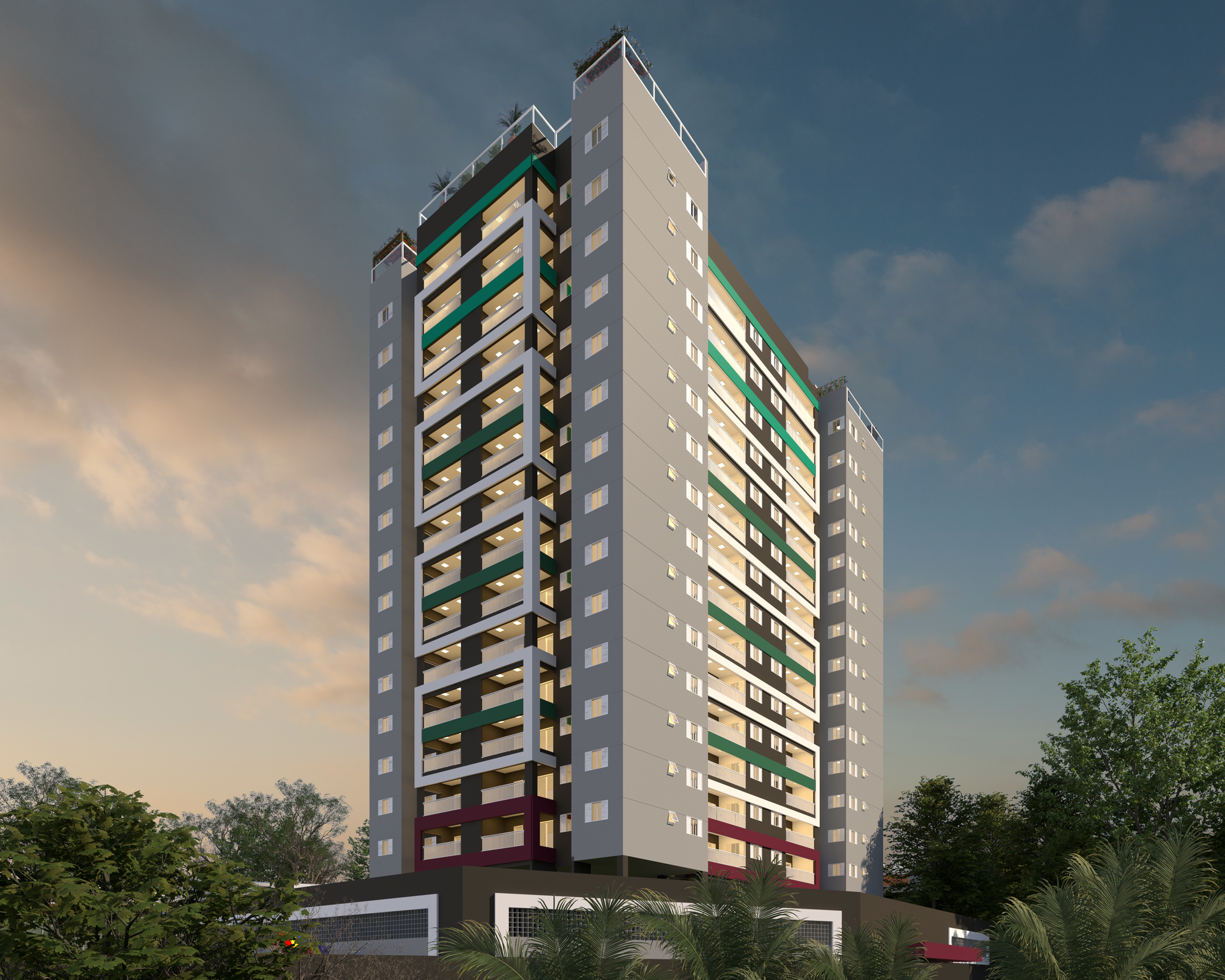 Prédio residencial de vários andares com fachada cinza e detalhes coloridos, situado em uma área ajardinada.