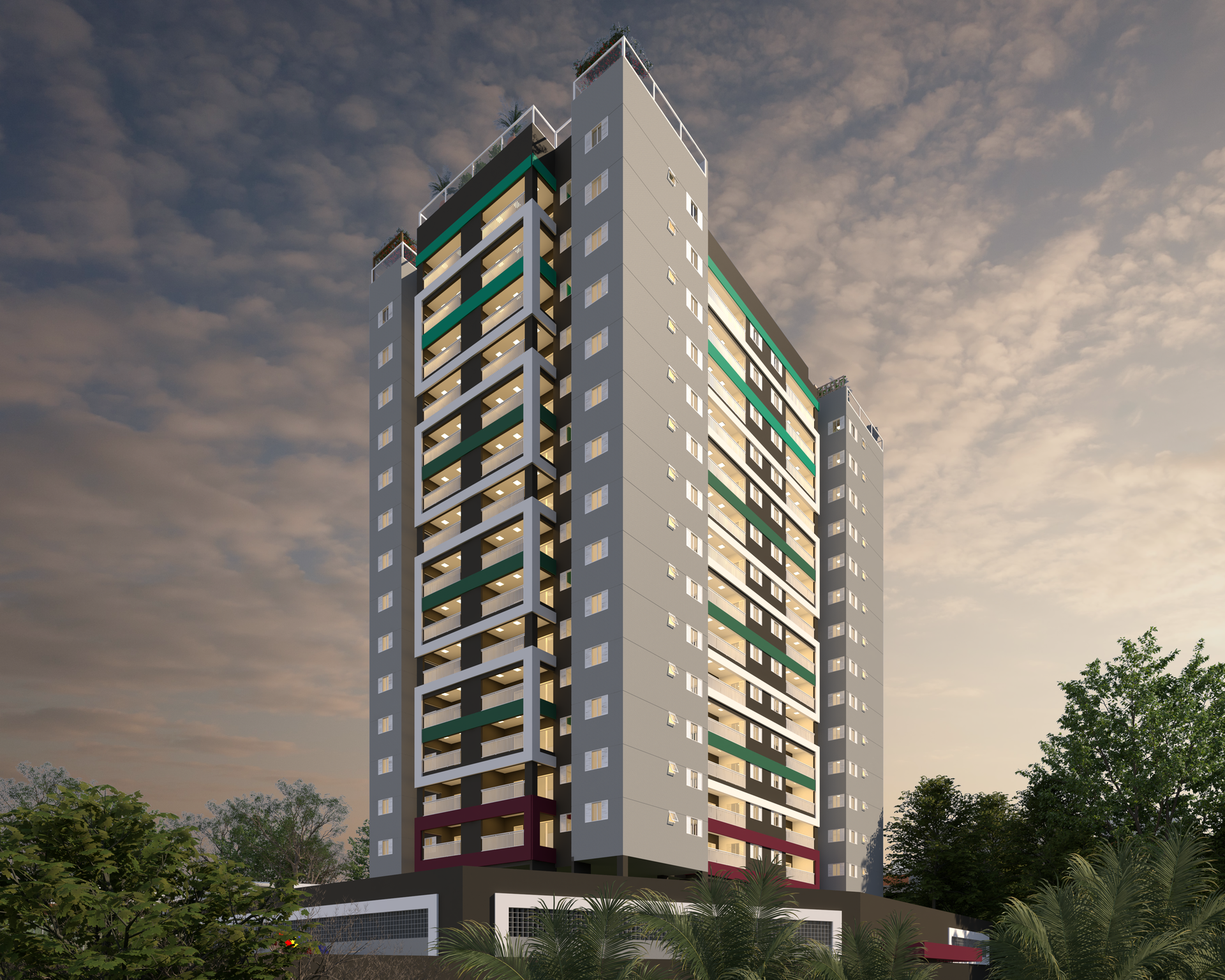 Prédio residencial de vários andares com fachada cinza e detalhes coloridos; céu nublado.