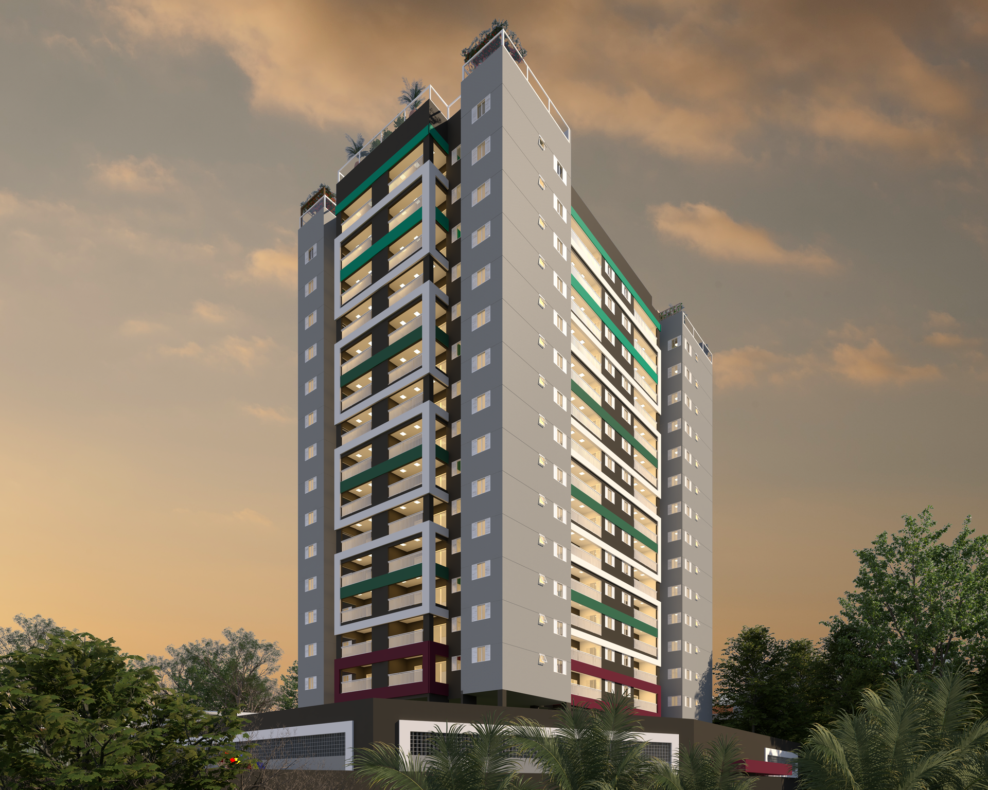 Um alto prédio de apartamentos com detalhes em verde e bordô, tendo como pano de fundo um céu ao pôr do sol.