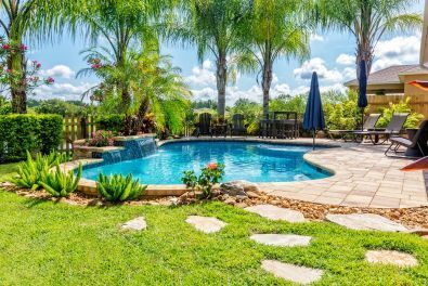 A well landscaped backyard pool with pool patio in Oxnard, Ca. Nicely trimmed palm trees, green grass and stamped concrete patio make this a very beautiful yard.