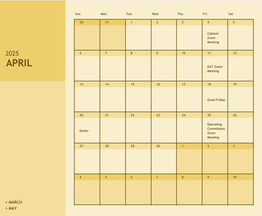 A calendar for the month of april is shown