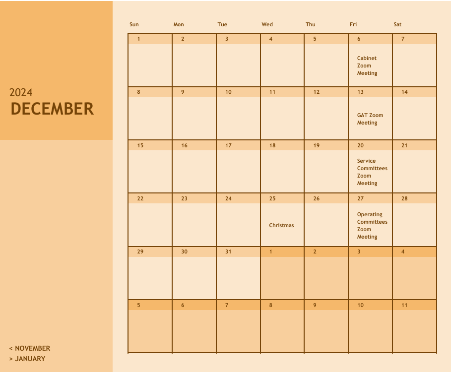 A calendar for the month of december is shown