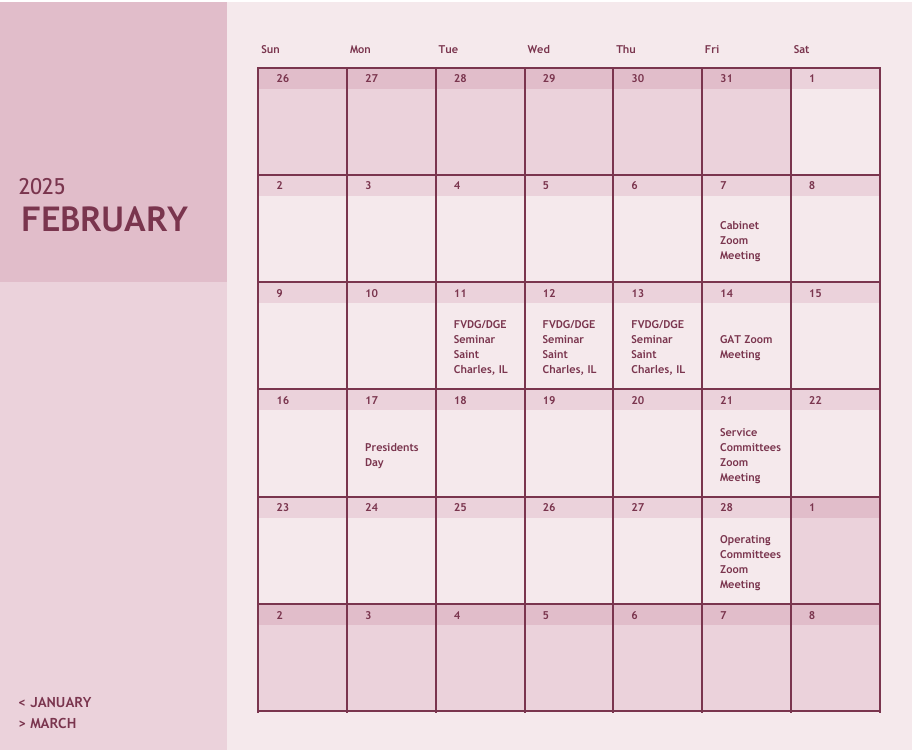 A calendar for the month of february in 2005