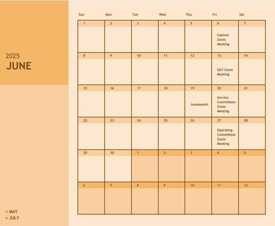 A calendar for the month of june is shown