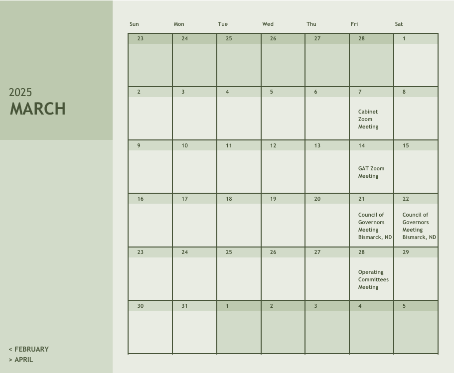 A calendar for the month of march is shown