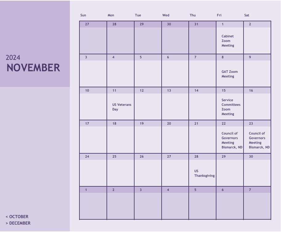 A calendar for the month of november 2004
