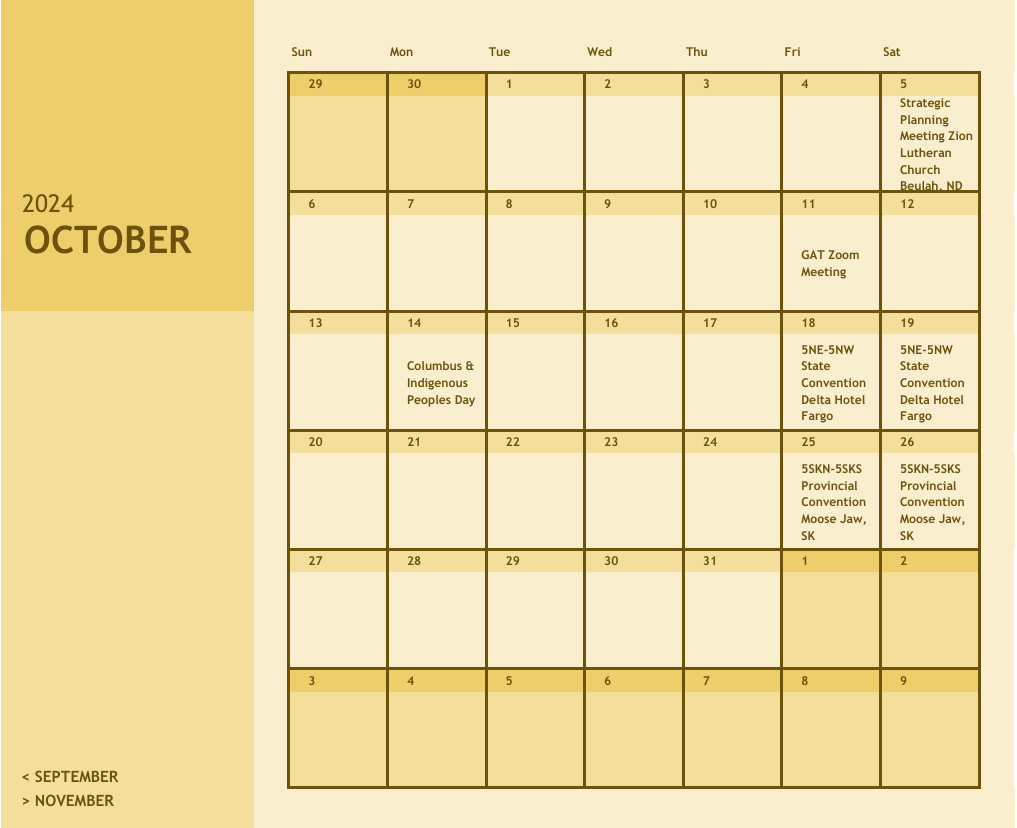 A calendar for the month of october is shown