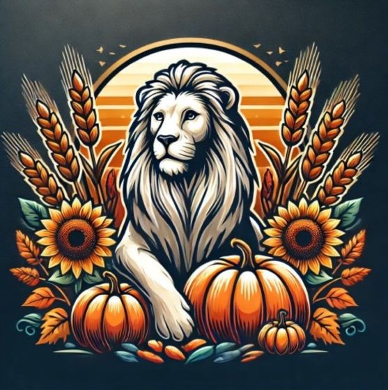 A lion is surrounded by pumpkins and sunflowers