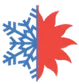 Half blue snowflake and half red sunburst, representing hot and cold.