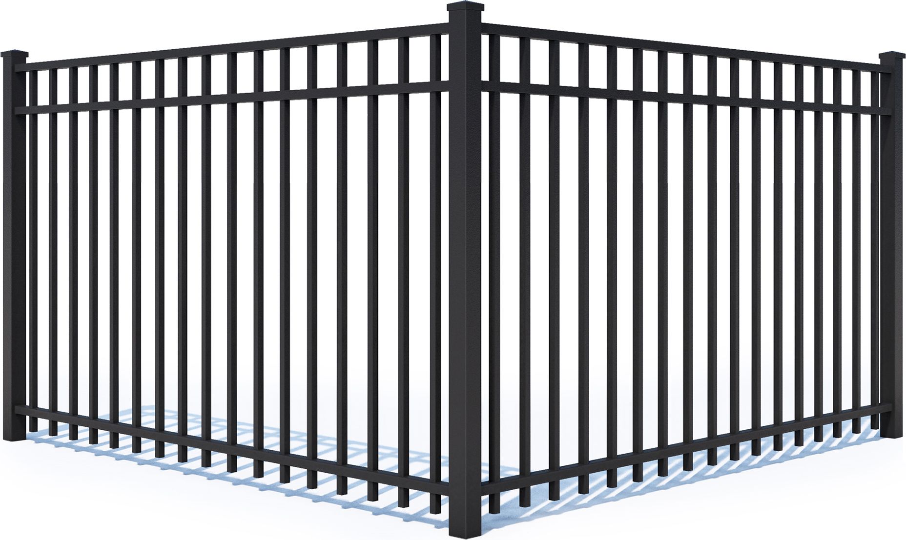A black metal fence with a shadow on a white background.