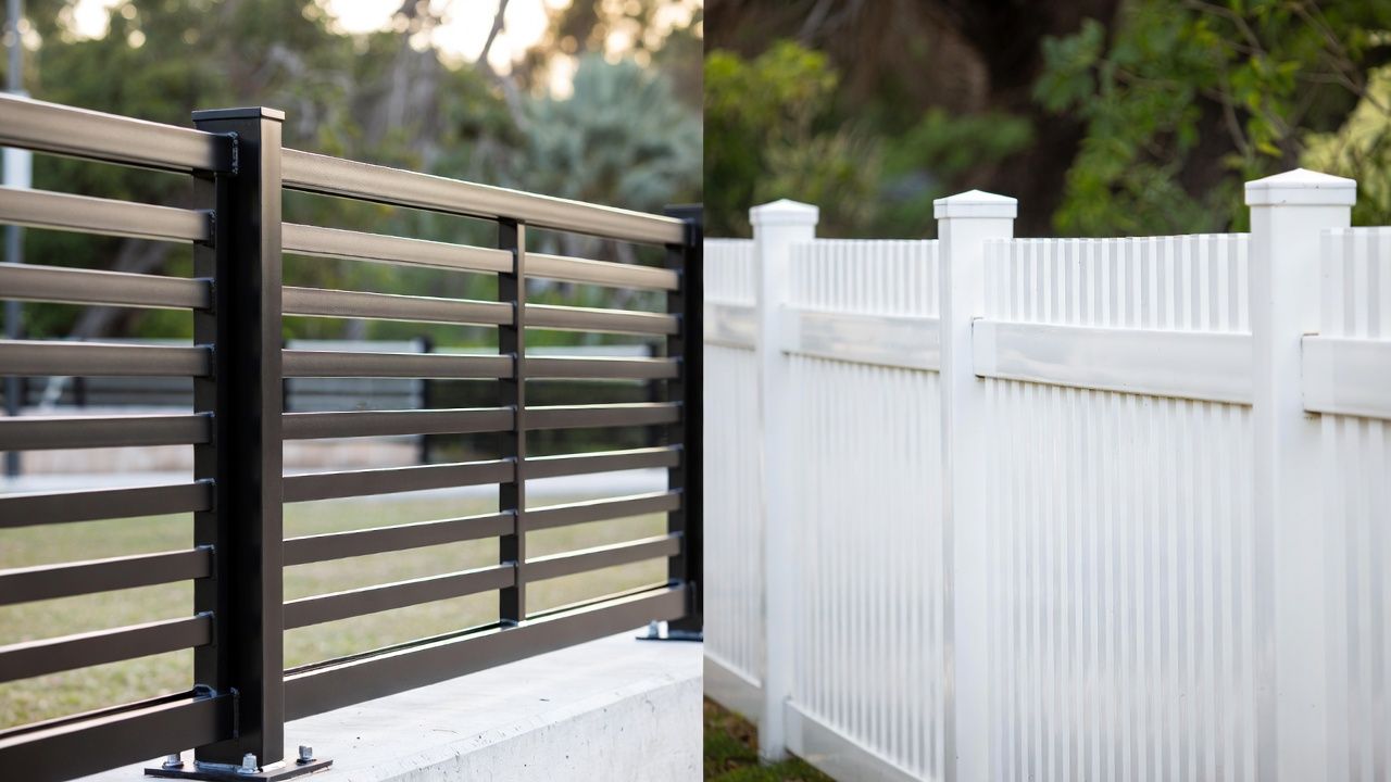 Two fences: one black horizontal slatted, one white vertical picket style.