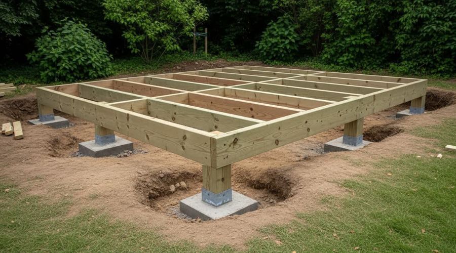 Wooden deck framing and post foundations resting on deep poured concrete footings in a Fargo