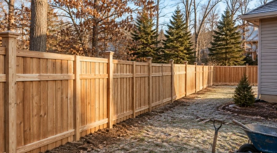 Wooden privacy fence installation during late autumn in Fargo, ND.