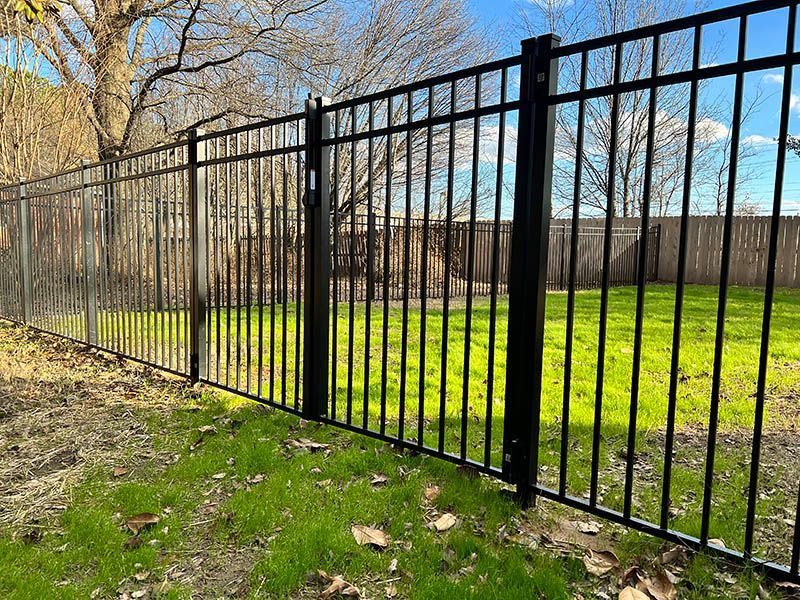 A black metal fence surrounds a lush green field.