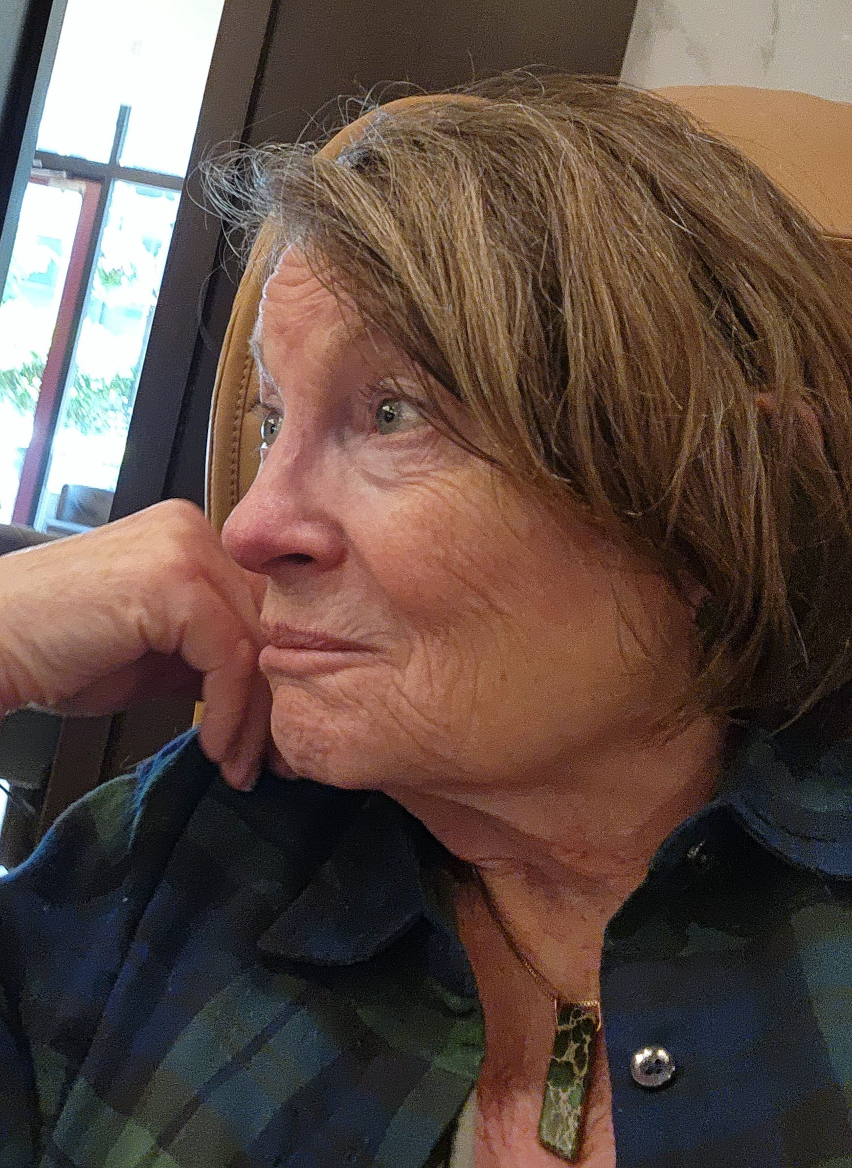 Woman with short brown hair, blue plaid shirt, gazing thoughtfully.