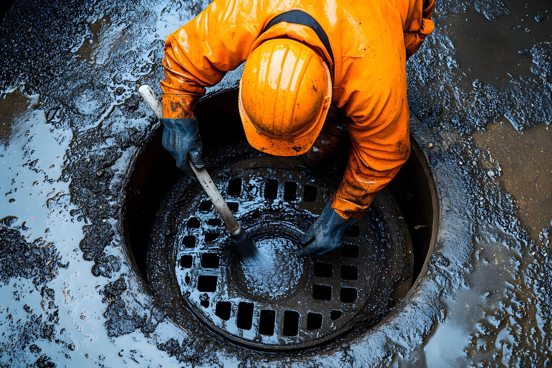 Une personne vêtue d'une combinaison de travail orange et d'un casque de sécurité nettoie une grille d'égout pluvial sombre et remplie de débris à l'aide d'un outil.