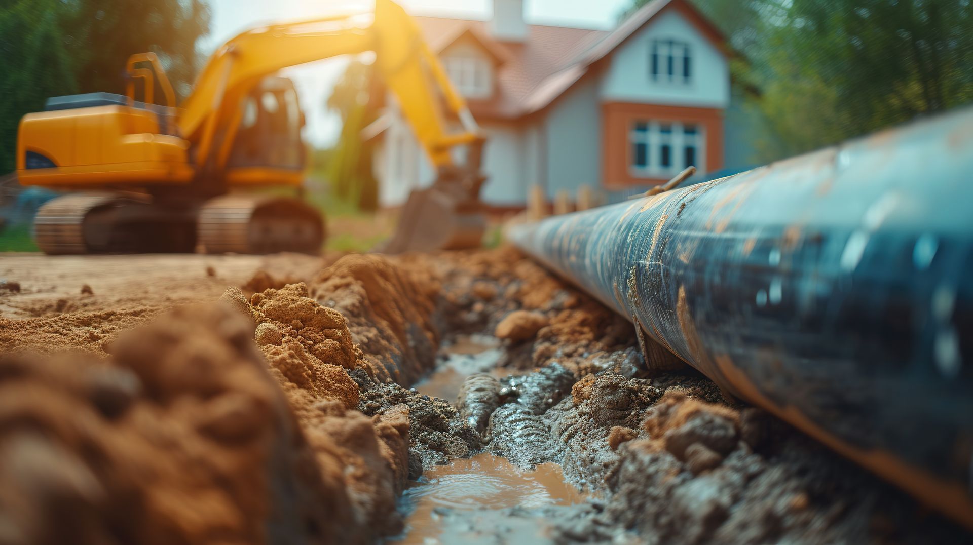 Une tranchée avec un tuyau noir est installée par une excavatrice devant une maison.