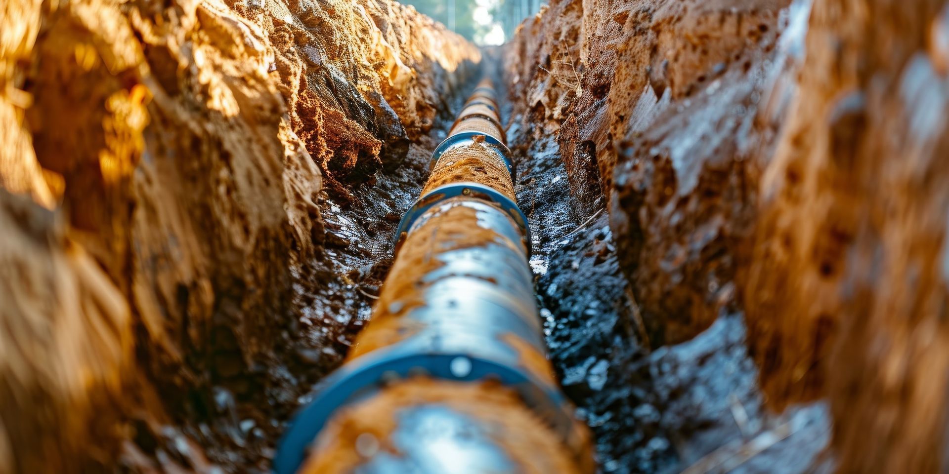Canalisation posée dans une tranchée, avec de la terre boueuse de chaque côté.