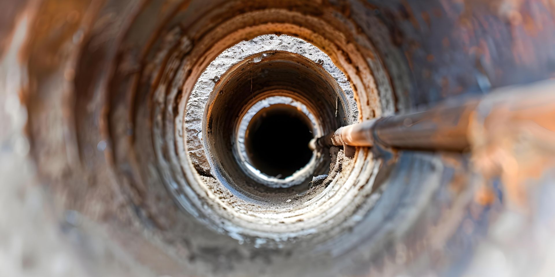En regardant à l'intérieur d'un tuyau rouillé, on aperçoit une longue tige métallique insérée, ce qui laisse supposer une inspection ou un nettoyage.