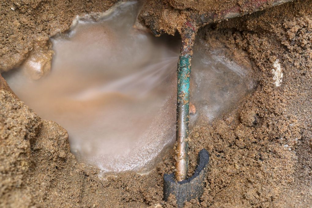 Une canalisation d'eau a éclaté dans la saleté, laissant échapper un jet d'eau. Le tuyau en cuivre est à nu, entouré de saleté et d'eau stagnante.