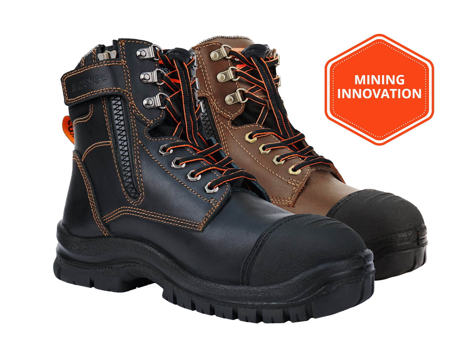 High-cut ankle Safety Boot in brown or black full grain leather with zipper and scuff cap for mining in Asia