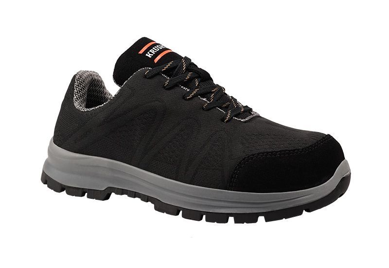 A pair of black and grey safety shoes on a white background.