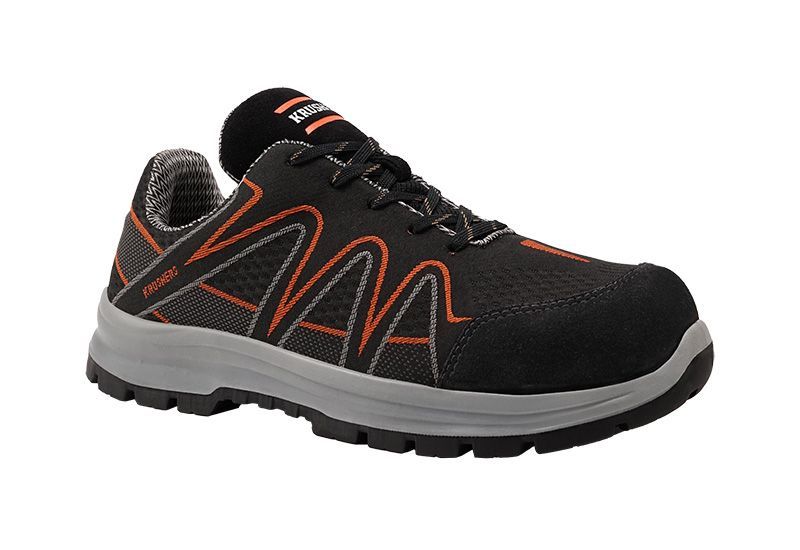 A pair of black and orange safety shoes on a white background.
