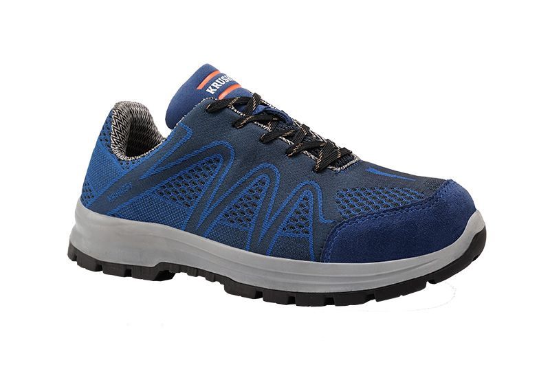 A pair of blue safety shoes on a white background.