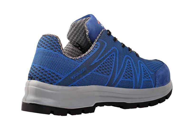 The back of a blue safety shoe on a white background.