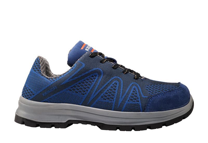 A pair of blue safety shoes on a white background.