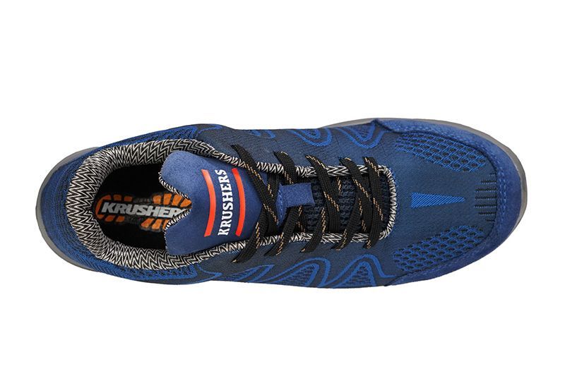 A close up of a pair of blue and orange sneakers on a white background.