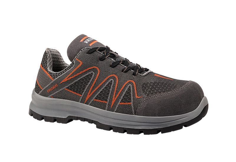 A pair of gray and orange safety shoes on a white background.