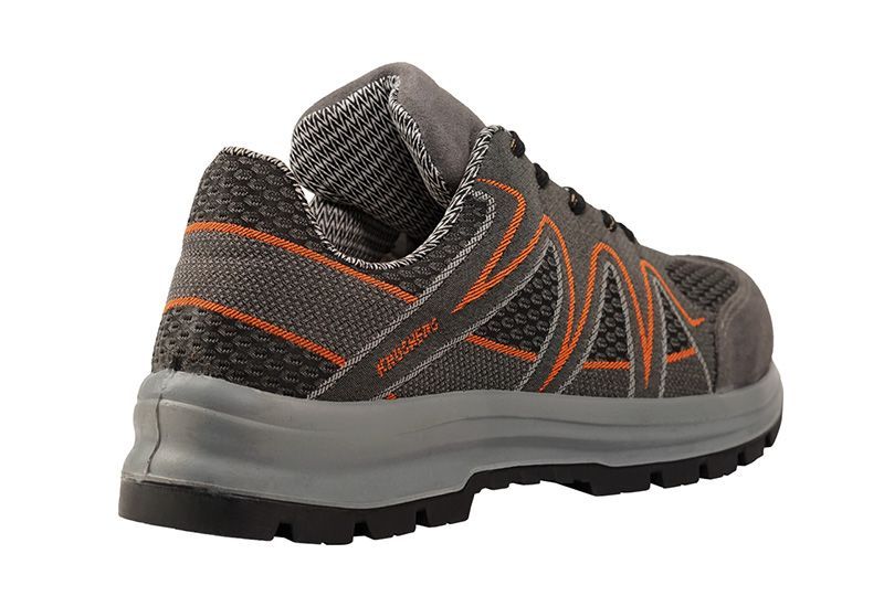 A pair of gray and orange safety shoes on a white background.