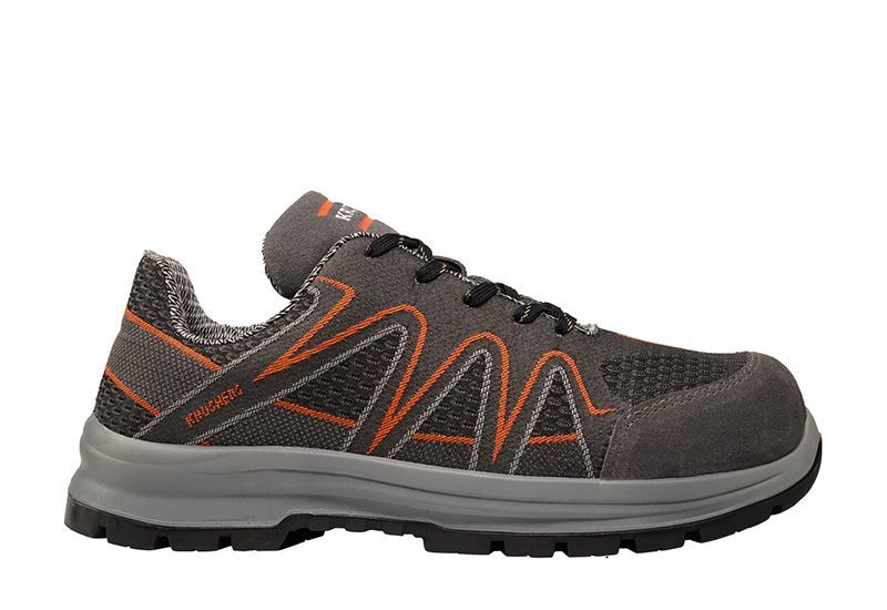 A pair of gray and orange safety shoes on a white background.