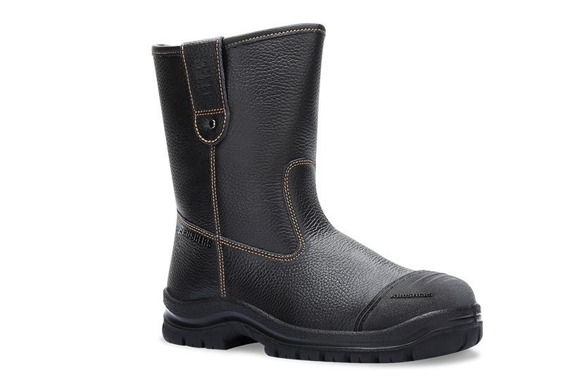 A pair of black safety boots on a white background.
