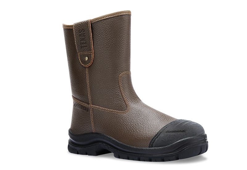 A pair of brown safety boots with a black sole on a white background.