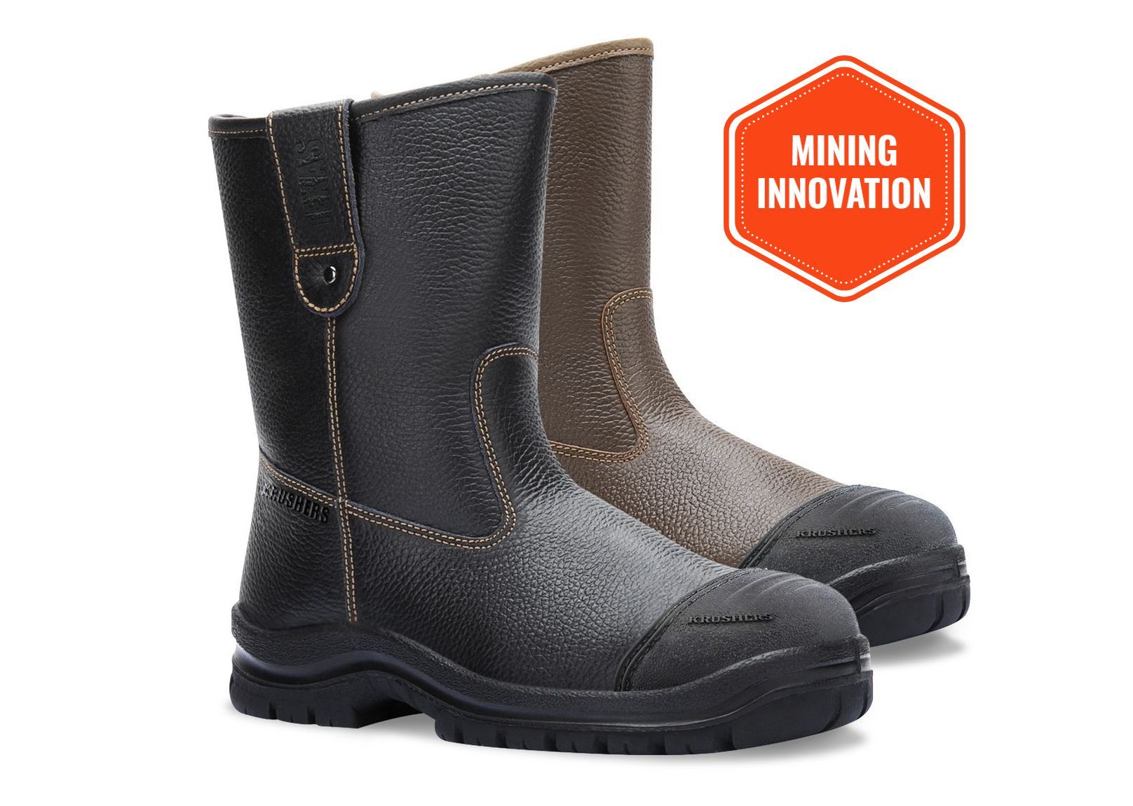 A pair of black and brown mining innovation boots