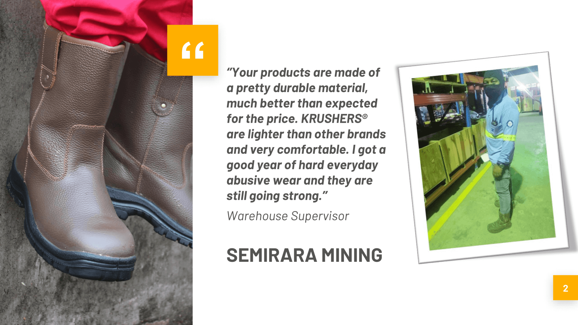 A person wearing a pair of brown boots next to a quote about semiara mining.