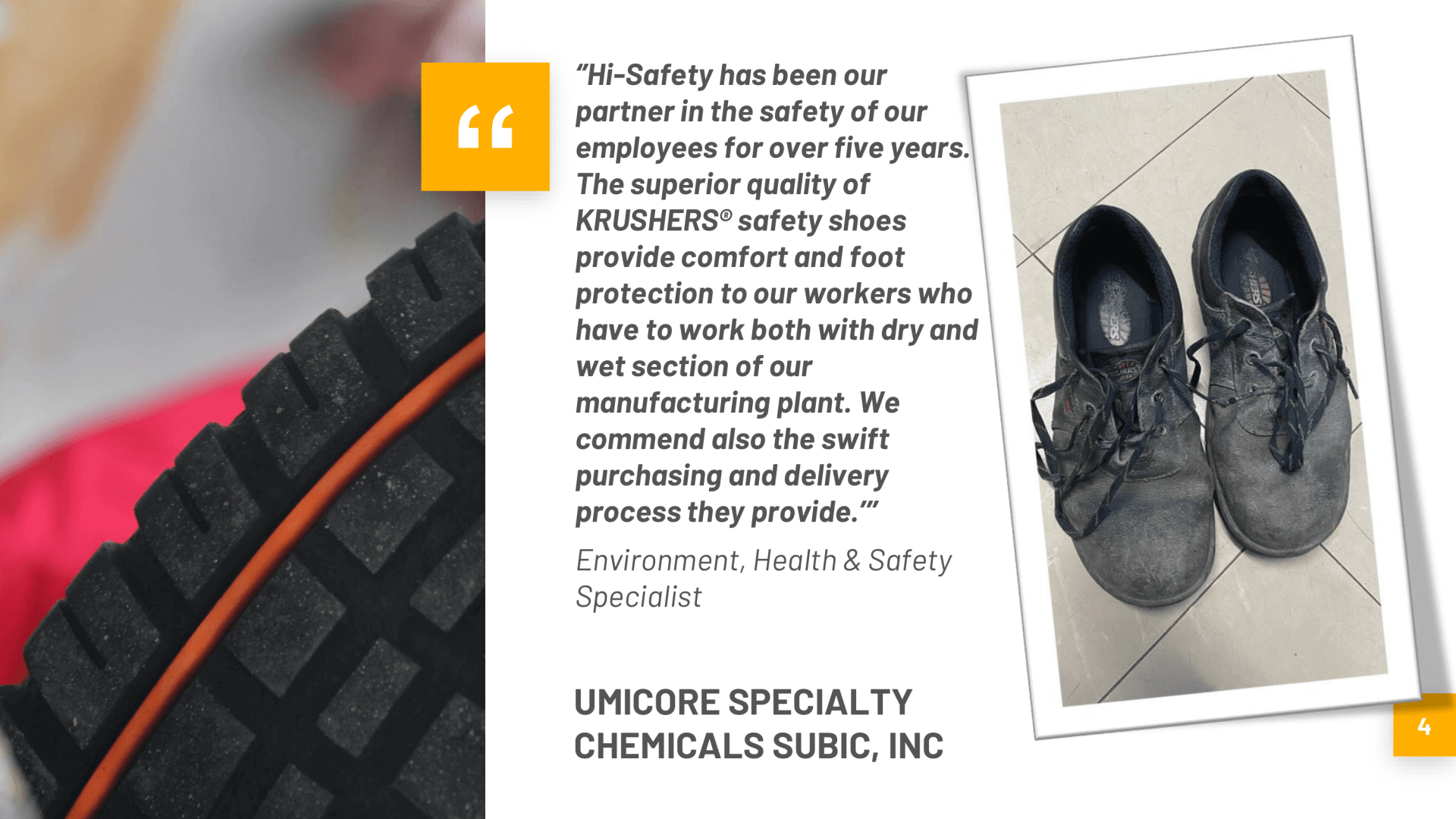 A picture of a pair of shoes next to a quote from umicore specialty chemicals