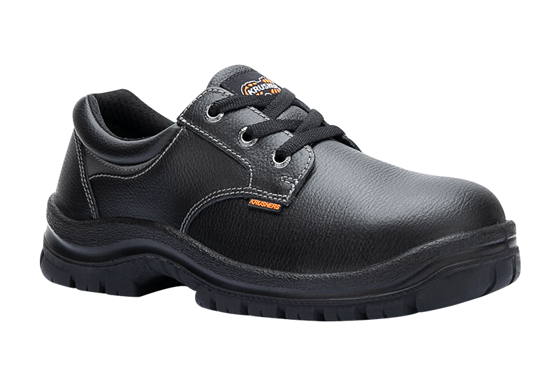 A pair of black safety shoes on a white background.