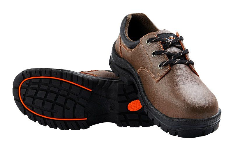 A pair of brown safety shoes on a white background