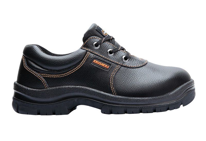 A pair of black safety shoes with the word crown on the side