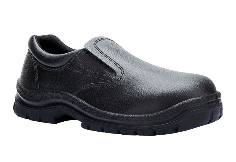 A pair of black safety shoes on a white background.