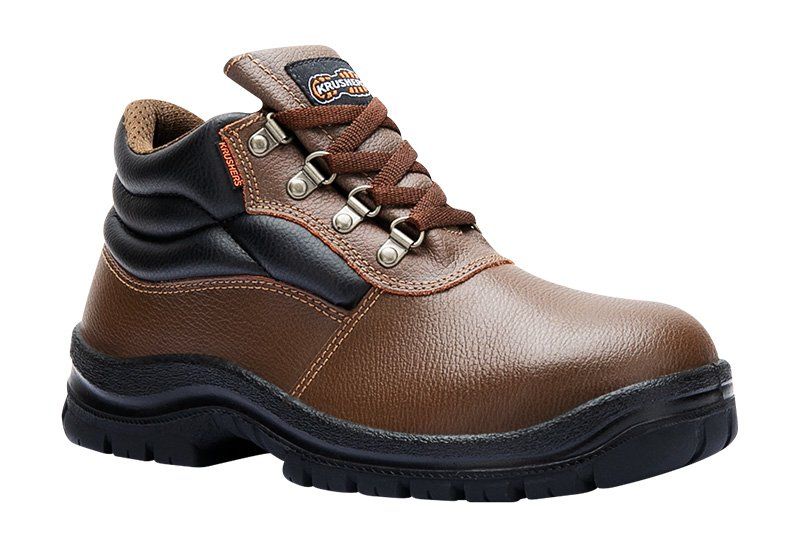 A pair of brown and black safety boots on a white background.
