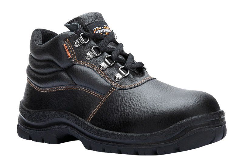 A pair of black safety boots on a white background