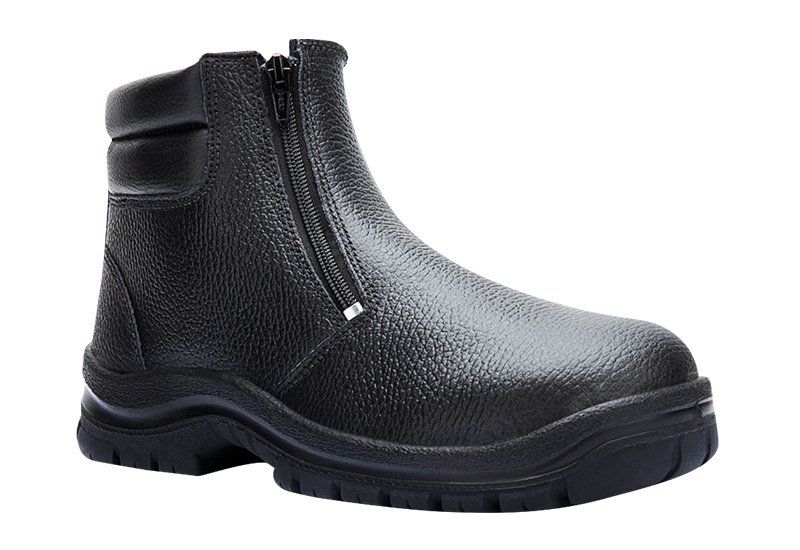 A pair of black safety boots with a zipper on the side on a white background.