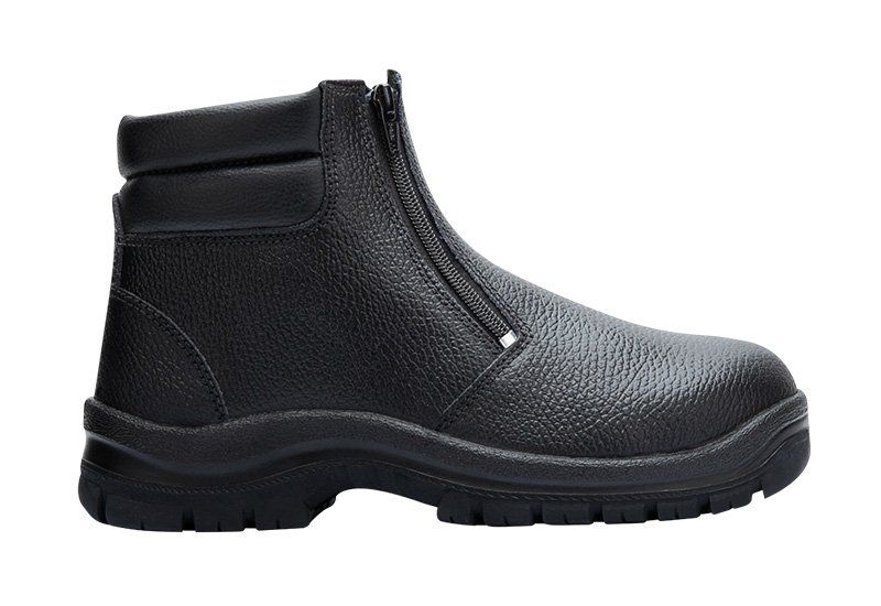 A pair of black safety boots with a zipper on the side.