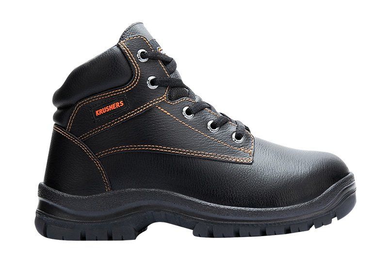 A pair of black and orange safety boots on a white background
